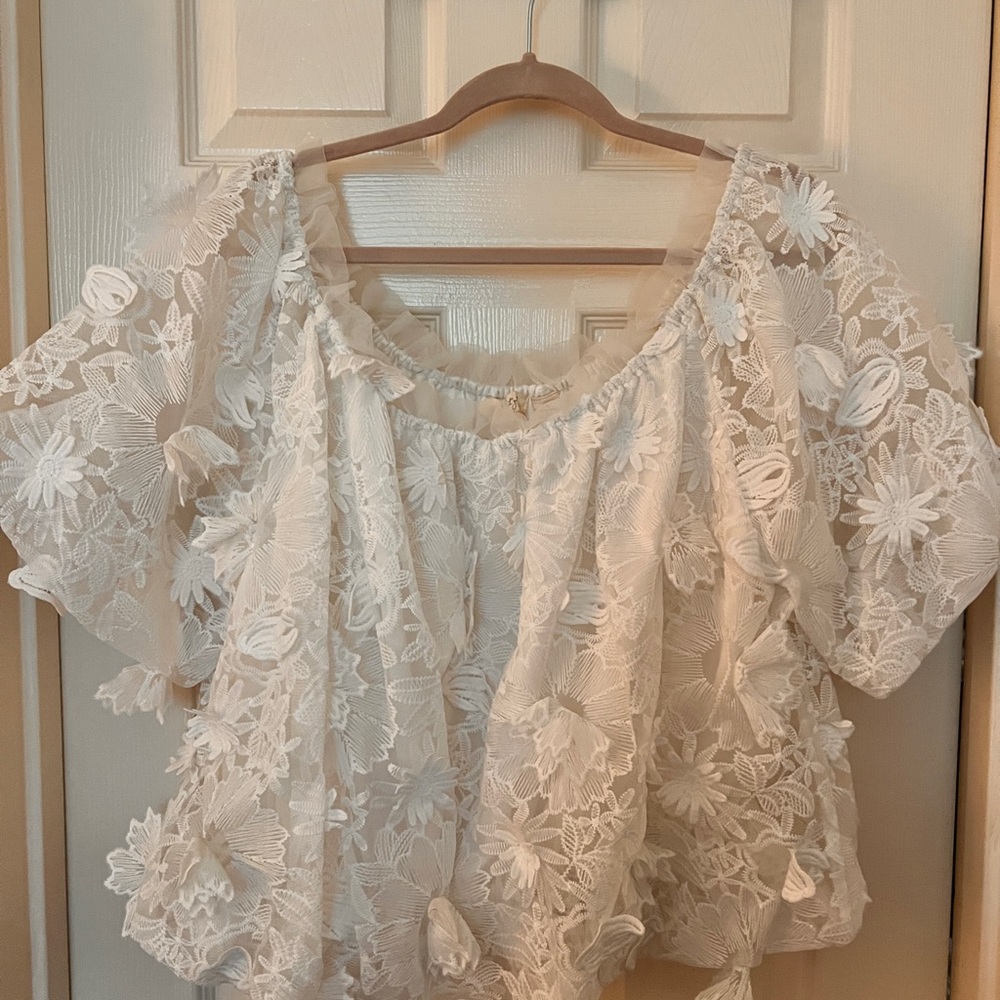 Anthropologie Cream Flutter Sleeve Blouse with Ruffled Embellishments